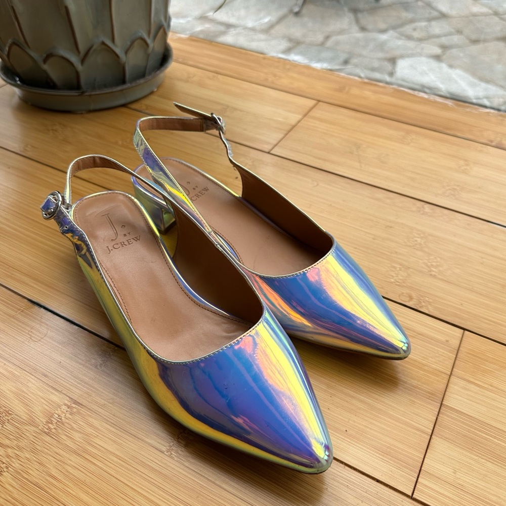 Gently used, J.Crew, holographic/iridescent slingback heel. Size 6.5